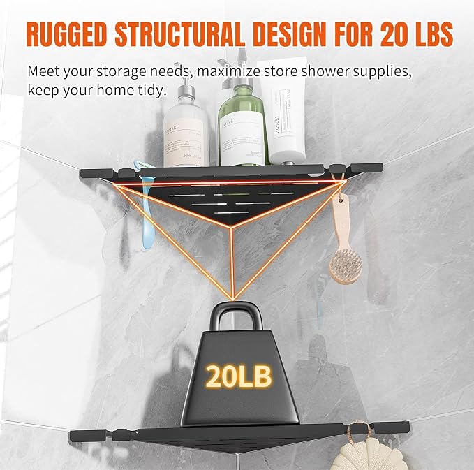 Permanent Grout-in Corner Shower Shelves with Hooks, Modern 304 Stainless Steel Shower Caddy for Bathroom Renovation & Hotel, Heavy Duty No-Drill Grout Mount Shower Organizer for Tile Wall,10", 2 Pack