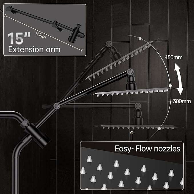 Veken All Metal 10" Black Shower Head with Handheld, Luxurious Square Double Rain Shower Heads with Spray Combo, Dual High Pressure Detachable Rainfall Showerhead with Arm,Bathroom Upgrade,Matte Black