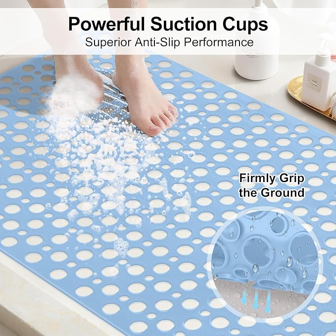 Anti Slip Shower Mat with Suction Cups,23.6x35.4 Inch Quick Drain TPE Non Slip Shower Mats for Inside Shower,Large Bath Mat for Shower Soft on Feet, Easy to Dry&Cut Machine Washable