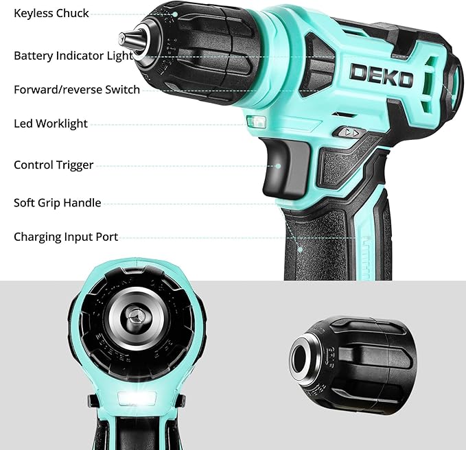 DEKOPRO Drill Set: Tool Set with 8V Cordless Drill, Home Tool Kit with Drill, Hand Tool Kits for Women 126 Piece, Turquoise