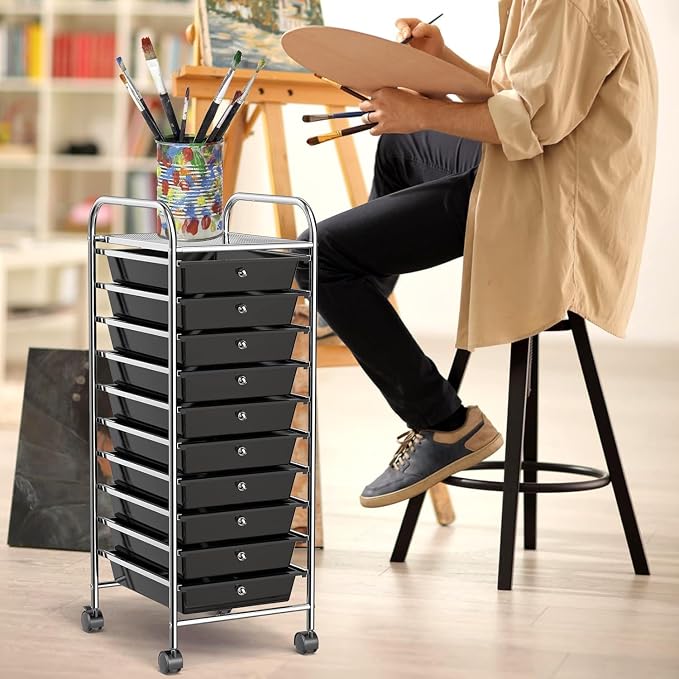 10-Drawer Rolling Storage Cart, Trolley w/Lockable 360° Wheels, 10 Removable PP Drawers, Sturdy Metal Frame, Rolling Utility Cart Perfect for Home, Office, Classroom (Black)