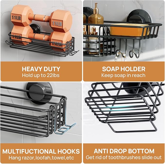 LEVERLOC Shower Caddy Suction Cup, 3 Pack Heavy Duty Bathroom Organizer for Inside Shower with Hooks & Soap Holder, Removable Bathroom Organizer, Rustproof Black Holder Storage Black