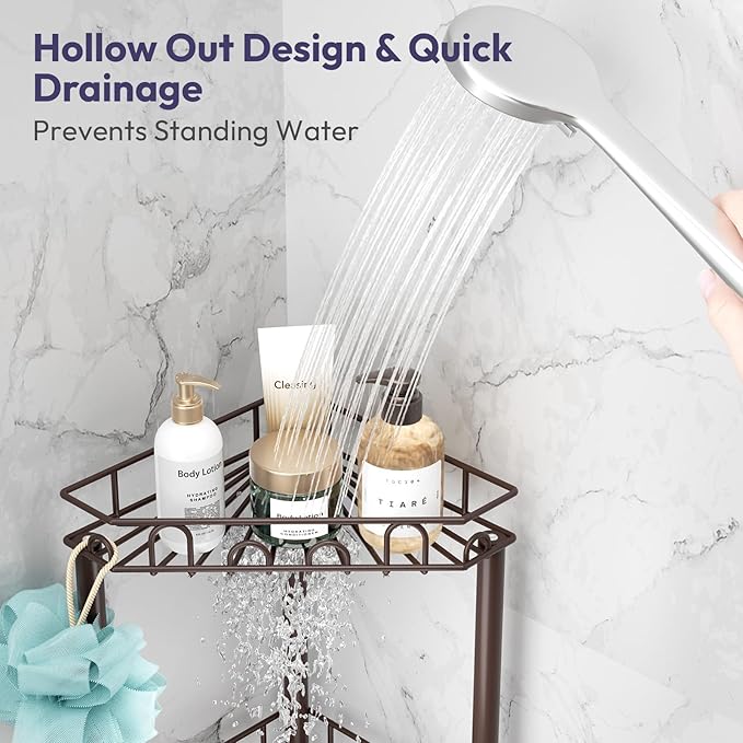 SWTYMIKI Standing Shower Caddy Corner - 4‑Tier Stainless Steel Shower Organizer Shelf with 12 Hooks and Adhesive Pads, Rustproof Corner Shelves Stand Rack for Bathroom Shower Room, Bronze