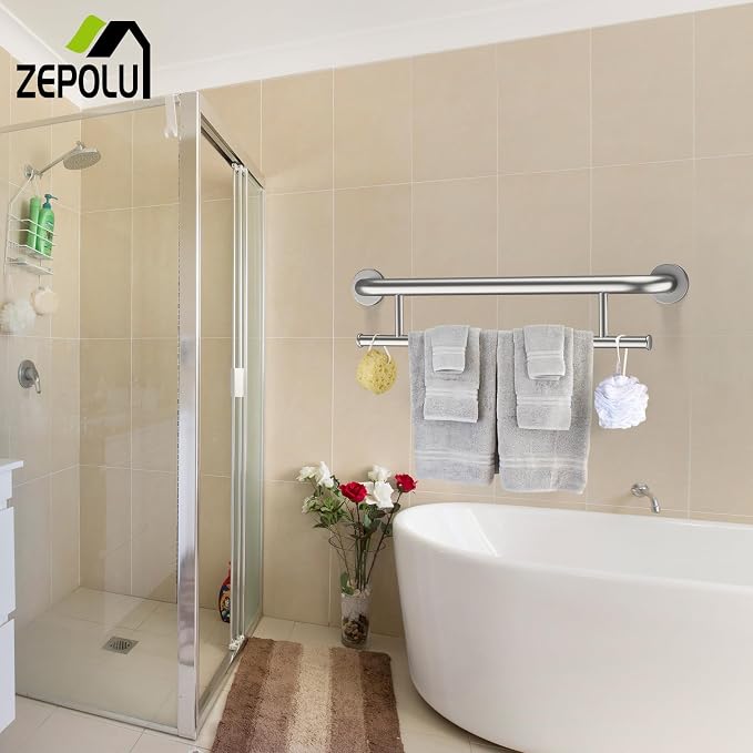 Brushed Nickel Towel Grab Bar 24 Inch - 1.25” Diameter, Zepolu Stainless Steel Safety Bar w/Towel Holder, Shower Assist Balanced Support Handle, Wall Mounted Bathroom Grab Rail for Senior Elderly