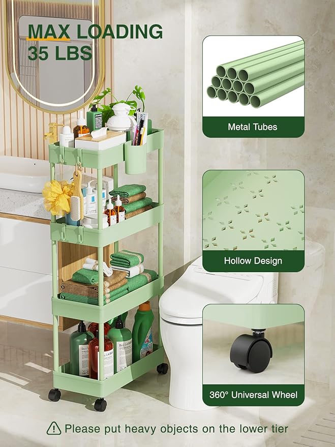 LEHOM Slim Rolling Storage Cart - 4 Tiers Bathroom Organizer Utility Cart Slide Out Storage Shelves Mobile Shelving Unit for Kitchen, Bedroom, Office, Laundry Room, Small Narrow Spaces（7.1" W+Green）