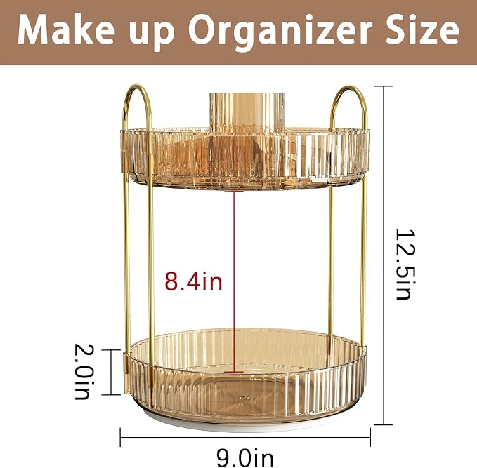 shuang qing Rotating Makeup Organizer for Vanity, High-Capacity Skincare Clear Make Up Storage Perfume Organizers Cosmetic Dresser Organizer Countertop 360 Spinning (Gold, New-2 Tier)