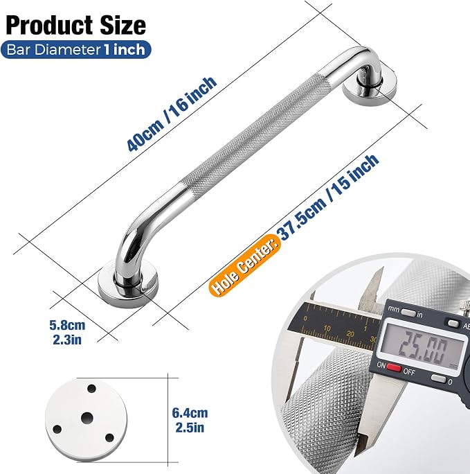 Grab Bars for Shower 2 Pack 16-Inch, Stainless Steel Anti-Slip Safety Shower Handle for Elderly Bathroom Wall Support Handicap Handicap Grab Bars for Seniors, Polished Nickel