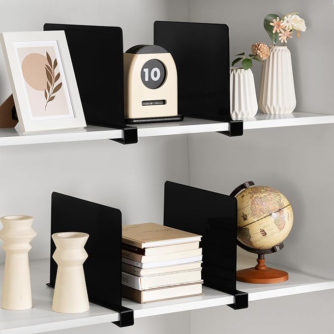 HBlife 8 Pack Black Shelf Dividers, Vertical Purse Organizer for Closet Perfect for Sweater, Shirts, Handbags in Bedroom and Kitchen, Adjustable Acrylic Bookshelf for Organization