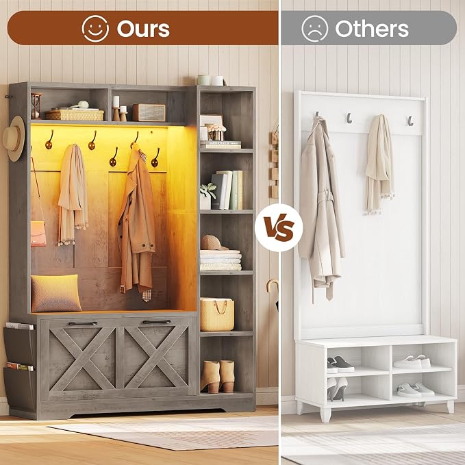 Itaar Hall Tree with Bench and Shoe Storage, Farmhouse Entryway Bench with Coat Rack, Shoe Cabinet with Flip Drawers, 7 Shelves, 10 Coat Hooks, Storage Bag, Led Lights, Grey