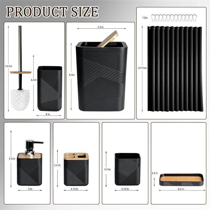 CERBIOR Bathroom Accessory Set with Shower Curtain, Includes Shower Curtain,Soap Dispenser, Toothbrush Holder, Toothbrush Cup, Soap Dish for Decorative Countertop and Housewarming Gift,Black,20PC