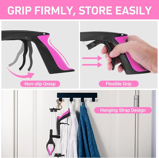 Grabber Reacher Tool for Seniors, 36" Foldable Reacher Grabbers Pickup Stick with Anti-Slip 360° Rotating Jaw, with Magnet for Disabled, After Surgery Recovery (Pink, 36Inch 1 Pack)