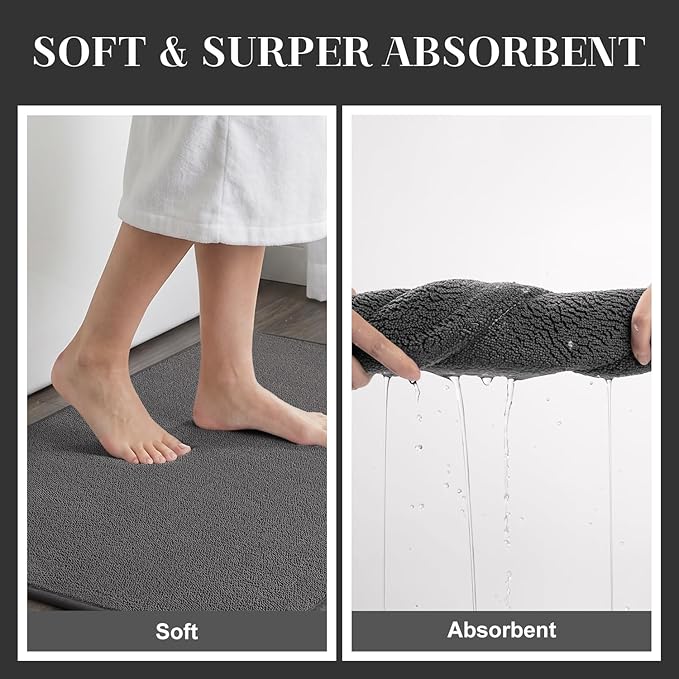 MontVoo Quick Dry Bath Mat, Super Absorbent Bathroom Rug, 3D Honeycomb Mesh Base Non Slip Bath Mats for Bathroom, Machine Washable Low Pile Bath Rug for Bathtub Front, Shower, Sink, Darkgrey 17"x24"