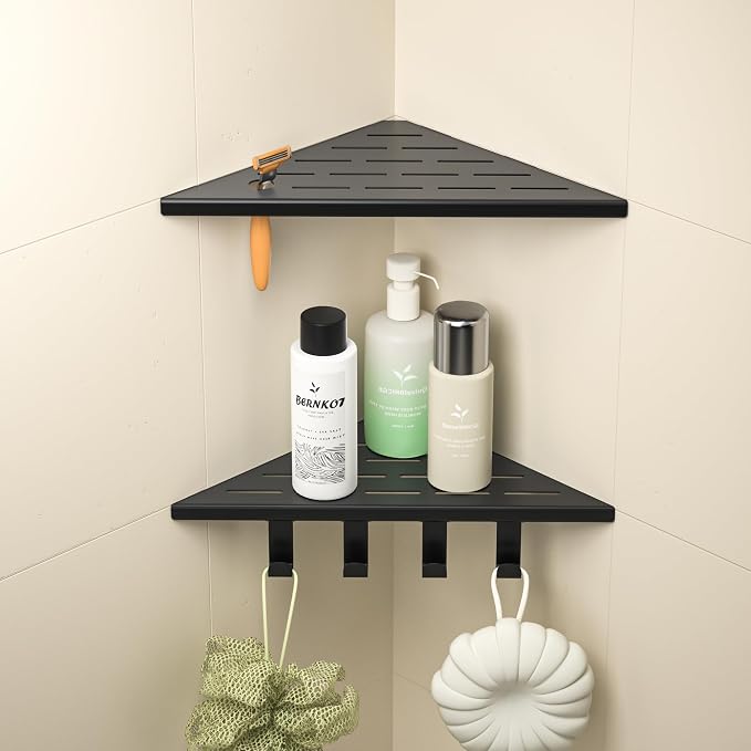 Corner Shower Shelf w/Hooks, Grout in Bathroom Shelves for Tiled Wall, 304 Stainless Steel Recessed Shower Shelf (Matte Black, 10''-2pcs)