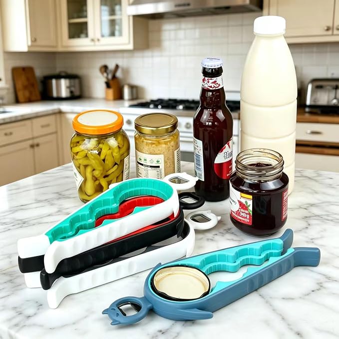 Jar Opener Bottle Opener for Arthritis, 5-in-1 Multifunctional Jar Opener, Easy Grip for Seniors and Weak Hands, Devil Shape Kitchen Gadget for Jar, Beer and Bottle (Grey and Blue)