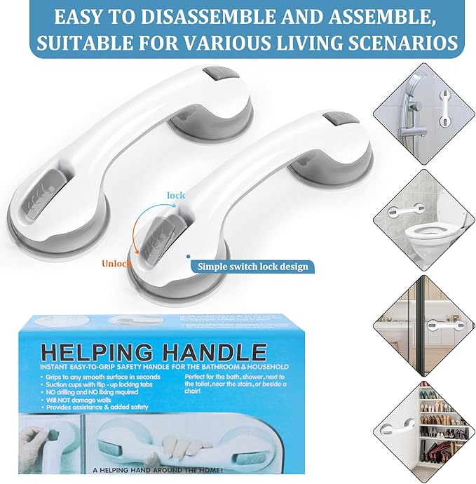 Shower Handle 2 Packs Grab Bars for Bathtubs & Showers, 12 inch Grab Bars for Bathroom with Strong Hold Suction Cup, Balance Bar Safety Hand Rail for Injury, Senior, Elderly Grey