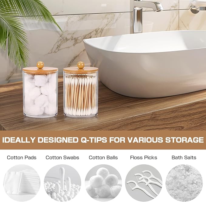 Bamboo Bathroom Accessory Set 5 Pcs, Boho Bathroom Accessories Sets Complete, Clear Bath Soap Dispenser and Toothbrush Holder Set, Soap Dish, Cotton Swab Jar, Boho Organizer
