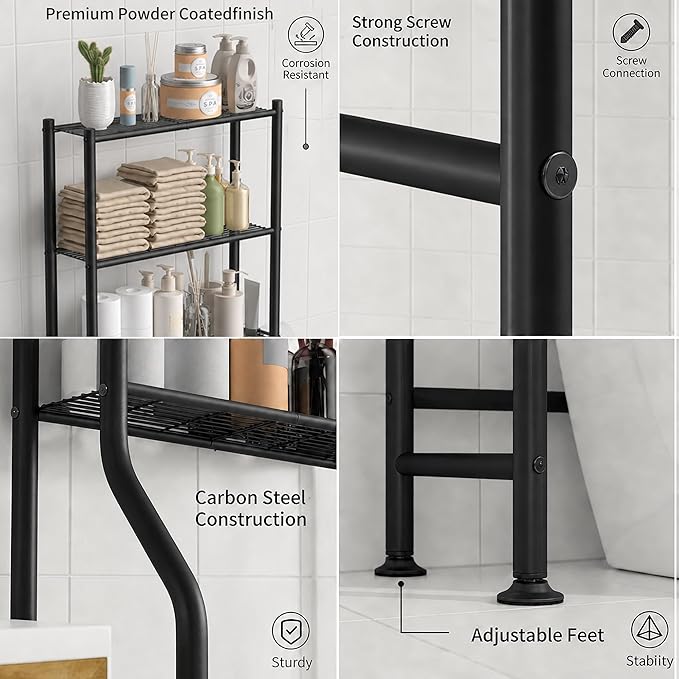 GloTika 3-Tier Over Toilet Storage with Anti-Tilt Safety System - 150lb Total Capacity Metal Bathroom Shelves Including Paper Holder & 4 Hooks, Space Saving Above Commode Organizer (64" H, Black)