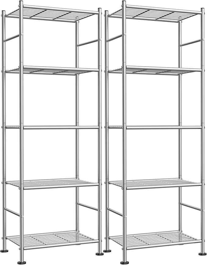 Sakugi Storage Shelves - Set of 2, 5-Tier Metal Shelf Organizer, Space-Saving Garage Shelving with Leveling Feet, Standing Shelves Organizer for Kitchen, Laundry, Pantry (18.4"x12.6"x57.4", Silver)