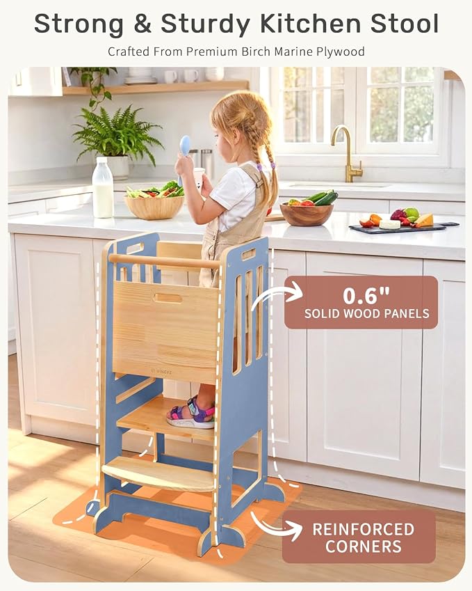 WINGYZ Toddler Tower - Anti-Tip Natural Wood Learning Stool for Kids 18M-6Y, 150lb Capacity Kitchen Stool with 3-Height Adjustable Platform and Sliding Door Access, 20lb Portable Design, Blue