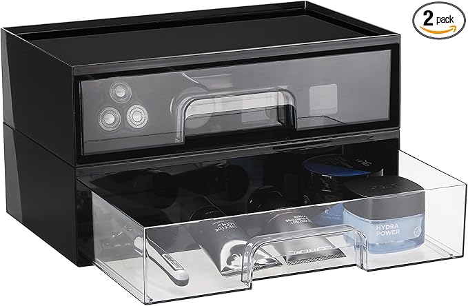 Vtopmart 2 Pack Clear Stackable Storage Drawers, 12.1''W Plastic Organizers Bins for Office Supplies, Ideal for Desk Organization, Black