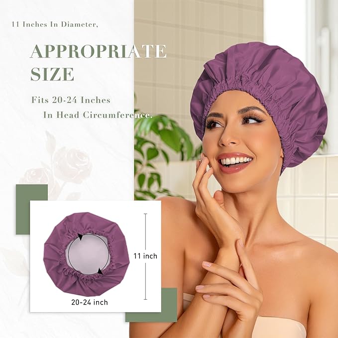 Reusable Shower Cap for Women, Large Waterproof Shower Bonnet with Elastic Band, Washable Bath Hair Cap for Long, Curly Hair, Braids, Daily Shower, Home Spa, Travel(Leather Purple)
