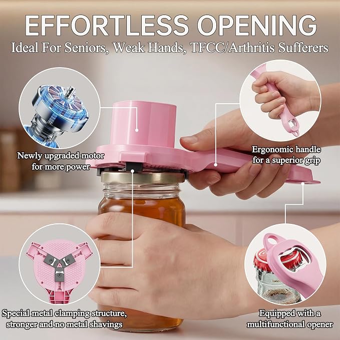Electric Jar Opener for Seniors with Arthritis, TFCC & Weak Hands, Patented Power-Grip Auto-Tighten Manual Lid Opener, Rechargeable 2-in-1 Jar & Bottle Opener with Storage Hook & Non-Slip Pad(Pink)