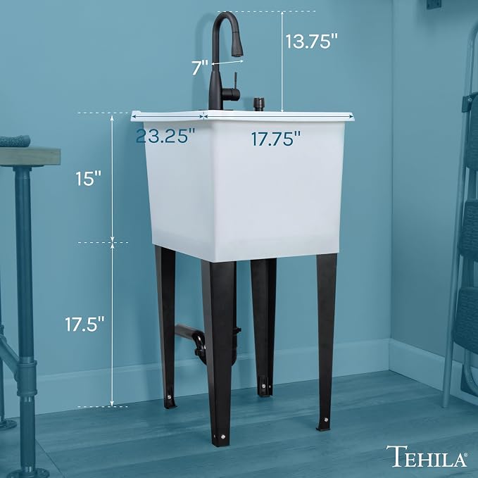 White Space Saver Utility Sink by JS Jackson Supplies, Freestanding Tehila Space Saving Laundry Tub, Black Pull-Down Faucet, Soap Dispenser