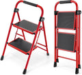 KINGRACK Step Ladder, Folding Ladder with Non-Slip and Wide Pedal, Small Ladders with Handle, Heavy Duty Steel Ladder, Lightweight Step Ladder (Red, 2 Step Ladder)