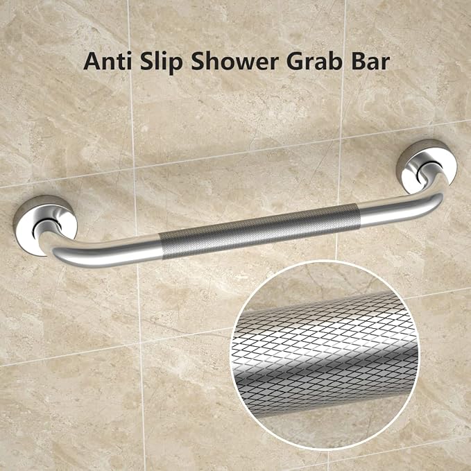 Anti Slip Shower Grab Bar 16 Inch, YuanDe Chrome Finish Stainless Steel Bath Grab Bar, Knurled Bathroom Safety Rail, Shower Handrail Support, Handicap Elderly Injury Senior Balance Assist Handles