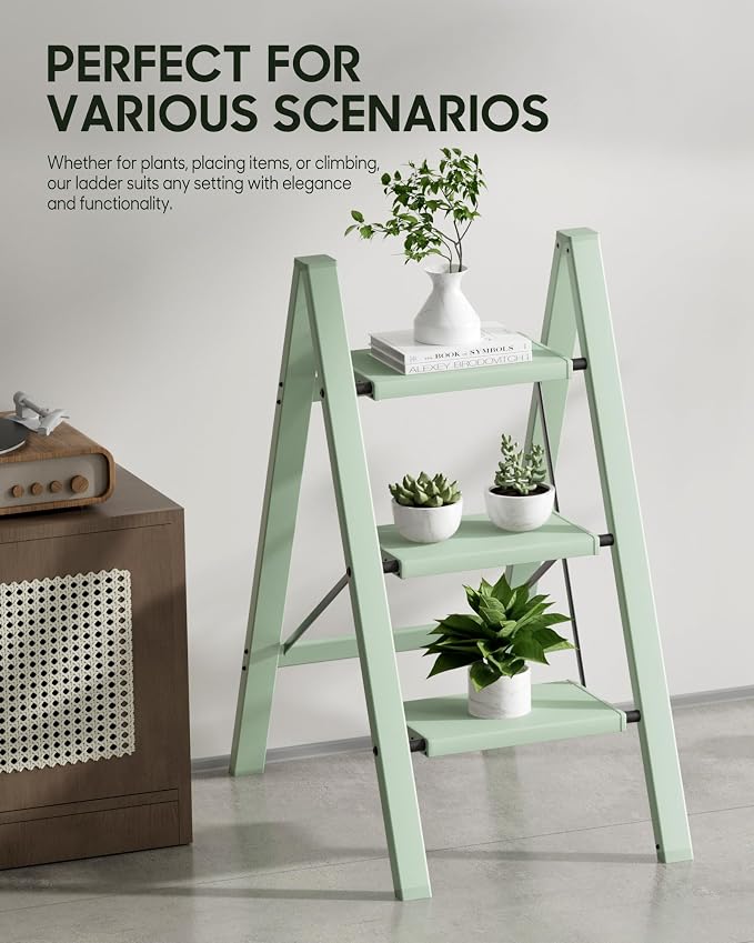 HillhutApex 3 Step Ladder, Lightweight Portable 3 Step Stool with Anti-Slip Wide Pedal, 330lbs Capacity Aluminum Ladder for Household,Office,Kitchen(Pale Green)