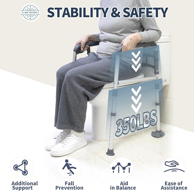Toilet Safety Rails, Height-Adjustable, Foldable, Tool-Free Assembly, for Elderly, Seniors, Handicap & Disabled, 350 lbs Capacity