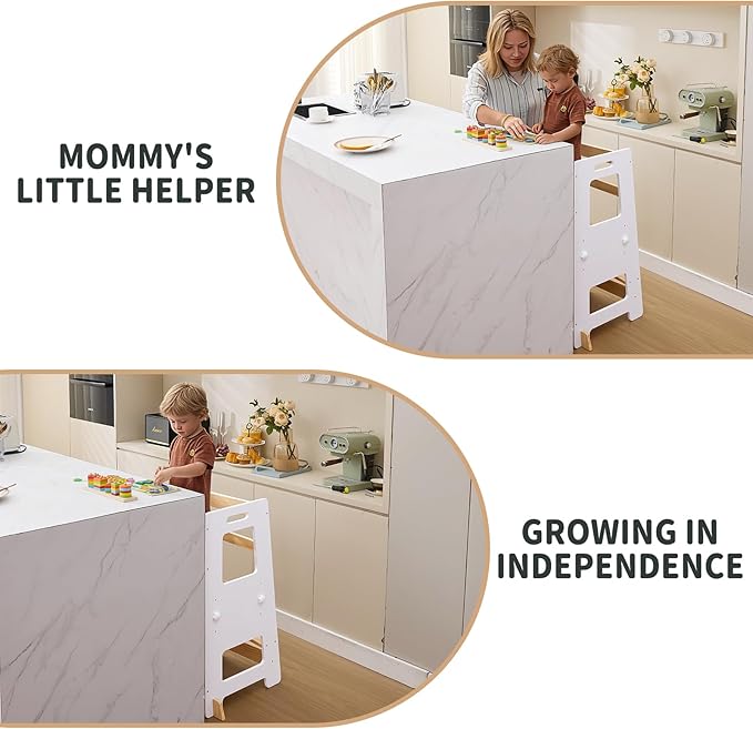 WOOD CITY Kitchen Step Stool - Safe Montessori Standing Tower for Kids with Safety Rail, Height Adjustable Toddler Ideal Helper for Learning New Skills, Anti-Slip Protection for Bathroom - White