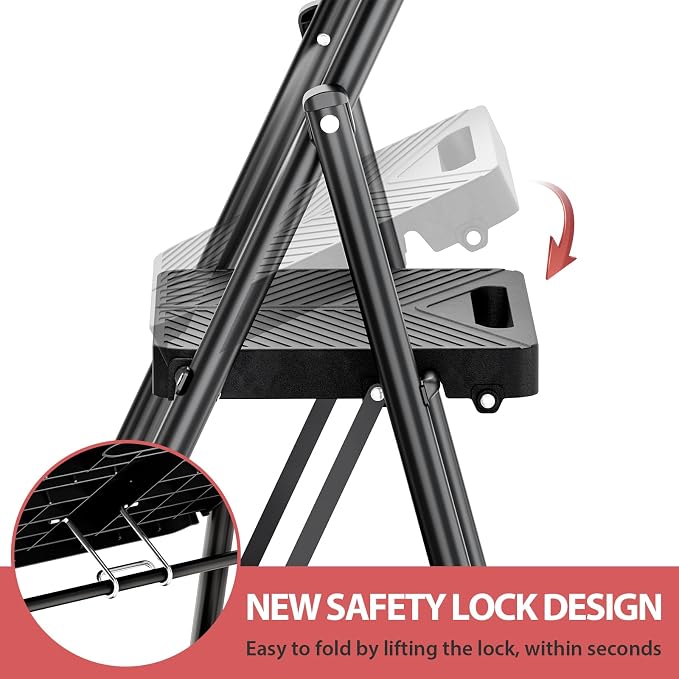 KINGRACK Folding 2 Step Ladder, Portable Ladder for Multi-Purpose, Home, Kitchen, Heavy Sturdy Steel Step Stool with Anti-Slip Wide Pedals, Handrail, Safe-Lock Design, Pass 500lbs Load Testing, Black
