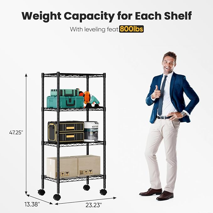 DUMOS 4-Tier Metal Wire Storage Shelves, Adjustable Standing Storage Rack Shelf with Wheels, Heavy Duty Steel Shelving Unit Organizers for Kitchen Bathroom Pantry Garage, 23.2"Wx 3.4"Dx47.1"H, Black