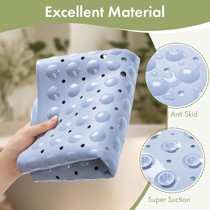 AmazerBath Shower Mat Non Slip 40 x 16 Inches, Shower Stall Mats with Suction Cups and Drain Holes, Non Slip Bath Mat for Tub for Elderly & Kids, Baby Blue