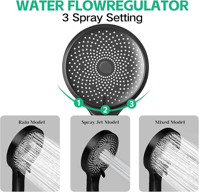 Shower Head,10”Rain Shower Head with Handheld Spray Combo and Adjustable Extension Arm/3-Way Flow Regulator/Shower System,High Pressure Rain Fall Hose,Matt Black