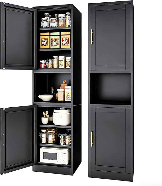 67" H Metal Tall Narrow Storage Cabinet, Freestanding Floor Cabinet with 2 Doors and Adjustable Shelves, Pantry Storage Cabinet for Bathroom, Living Room, Entryway and Kitchen (Black)