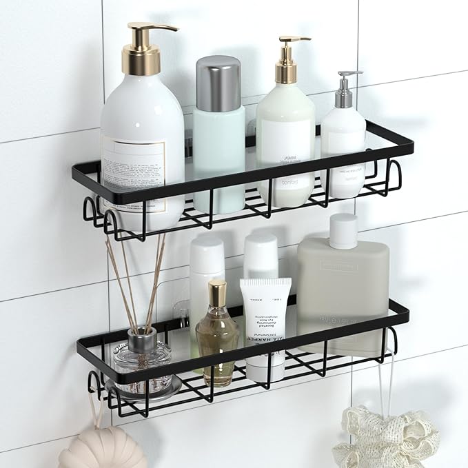 Shower Caddy Organizer with Hooks,Self Adhesive Bathroom Shelves,No Drilling Bathroom Organizers and Storage,Perfect for RV, Apartment, Home Decor,2 Pack Black