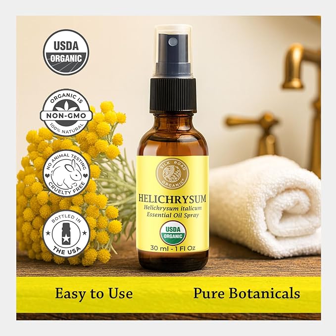 Silk Road Organic Helichrysum Italicum Essential Oil Spray for Skin Care, Wrinkles, Scars, Bruises - USDA Certified Immortelle Oil 1oz Body Spray - Always Pure, Always Organic