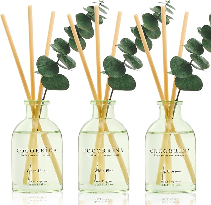 COCORRÍNA Eucalyptus Reed Diffuser Set of 3 - Clean Linen, White Pine, Fig Blossom Scents, 1.7 fl oz Each, Total 5.1 oz, Scented Oil Diffusers for Home & Office