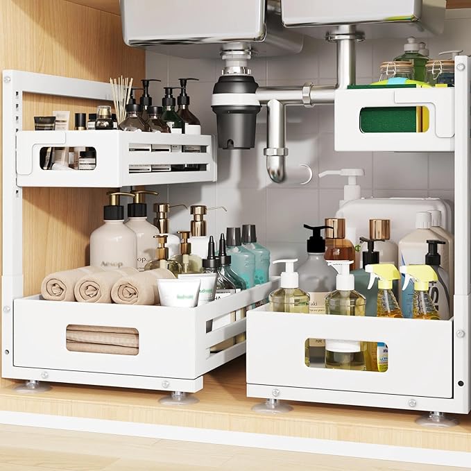 2 Pack Under Sink Organizer,Pull Out Cabinet Organizer With Smooth Cylindrical Rail,Metal Slide Out Drawer for Kitchen Bathroom Laundry Cabinet,8-Level Tool Free Height Adjustable-White