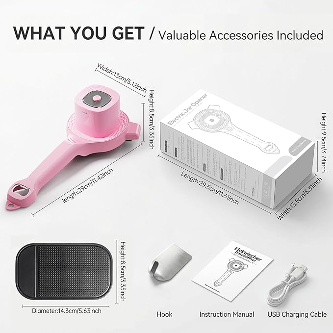 Electric Jar Opener for Seniors with Arthritis, TFCC & Weak Hands, Patented Power-Grip Auto-Tighten Manual Lid Opener, Rechargeable 2-in-1 Jar & Bottle Opener with Storage Hook & Non-Slip Pad(Pink)