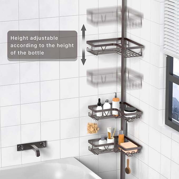 KEGII Shower Caddy Tension Pole with 2 Towel Bars, Adjustable Corner Bathroom Organizer, Rustproof Bathtub Storage Shelves for Shampoo, 25–114.2 Inch Shower Corner Rack for Renters & Family, Bronze