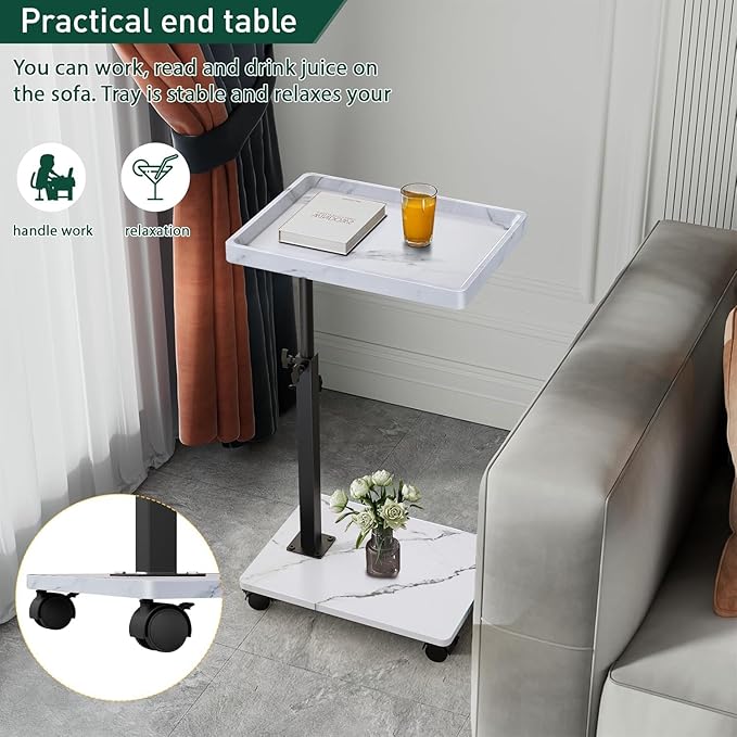 C Table End Table Adjustable Height, 360°Swivel TV Tray Table for Small Spaces, Couch Tables That slide under, C Shaped Side Tables living room and bedroom for Sofa, Bed,Chair, Snack (2, White)