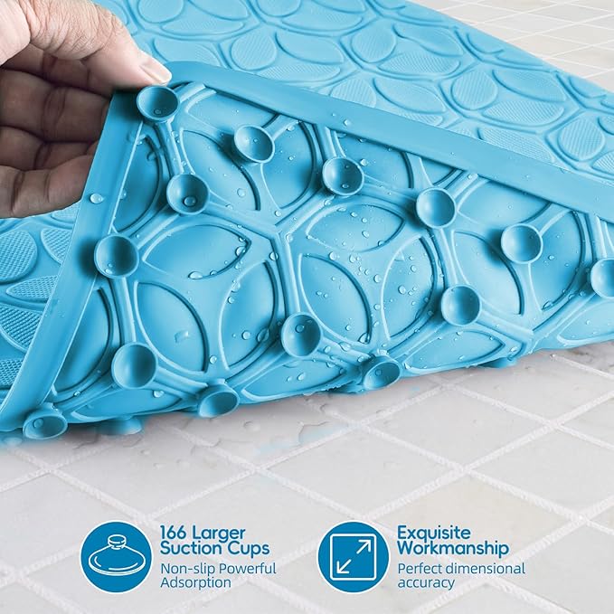 Bathtub Mat Non Slip with Suction Cups - 100% Rubber Bathroom Mat Textured for Bath Tub Shower Safety - Soft on Touch - BPA/PVC Free - Pet Dog Bath Mat - Machine Washable - 16 × 28 Inch（R Blue）