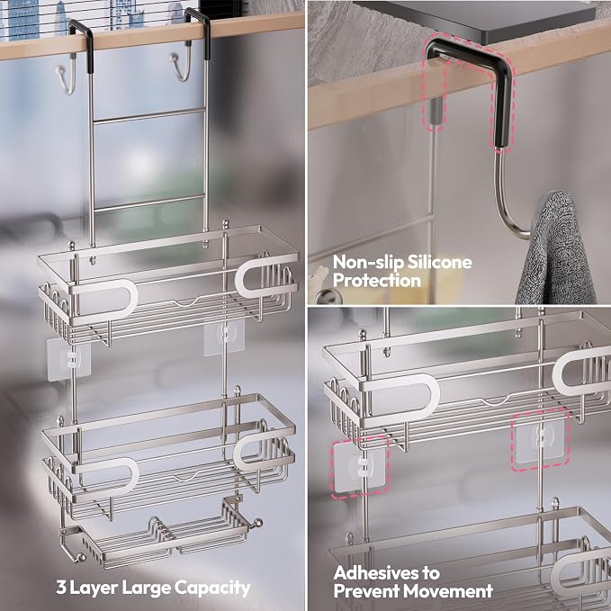SWTYMIKI Over The Door Shower Caddy - Stainless Steel Hanging Shower Organizer With Soap Holder & 16 Hooks No Drilling Hanging Caddy Over Door To Organize Bathroom Essentials, Sand Nickel