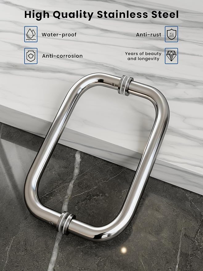 Shower Door Handle, 8 Inch Hole Centers (CTC), 304 Stainless Steel Back-to-Back Glass Door Pull Replacement Hardware for Frameless Sliding Bathroom Doors, Heavy Duty Tubular Grip, Chrome Silver