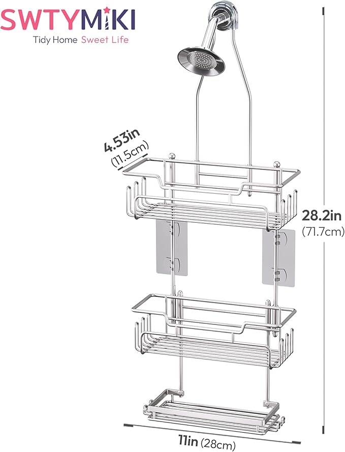 SWTYMIKI Bathroom Shower Caddy Hanging - 3 Tier Rustproof Over Shower Head Organizer, No Drilling Bathroom Shelf with 16 Hooks & Soap Holder, Anti-Swing Rack, Sand Nickel