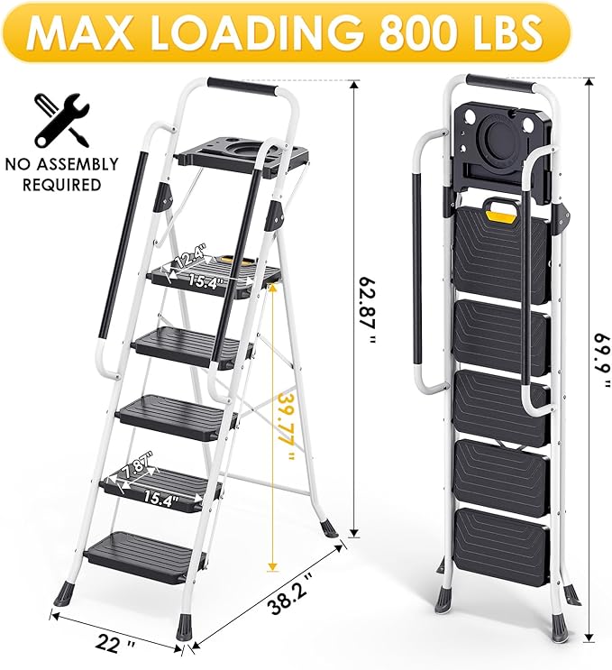 TOOLF 5 Step Ladder, Sturdy Steel Step Stool with Tool Platform, Anti-Slip Wide Pedals, Handrail, Safe-Lock Design, Folding Portable Ladder for Home, Kitchen, Pass 800lbs Load Testing, White
