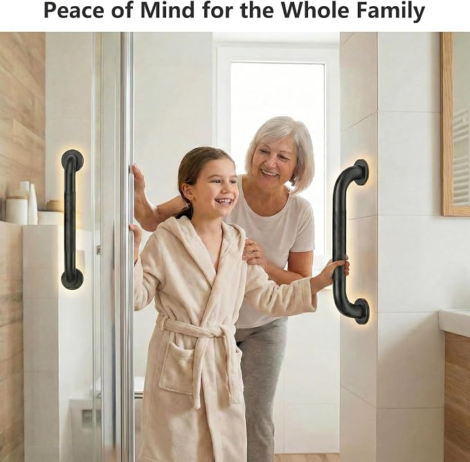 2 Pack Shower Grab Bars for Bathroom 16 Inch Black Stainless Steel Anti-Slip Knurled Grip Home Care Bath Handrail Safety Hand Rail Support for Showers Seniors Elderly Assist Handicap Bath Handle